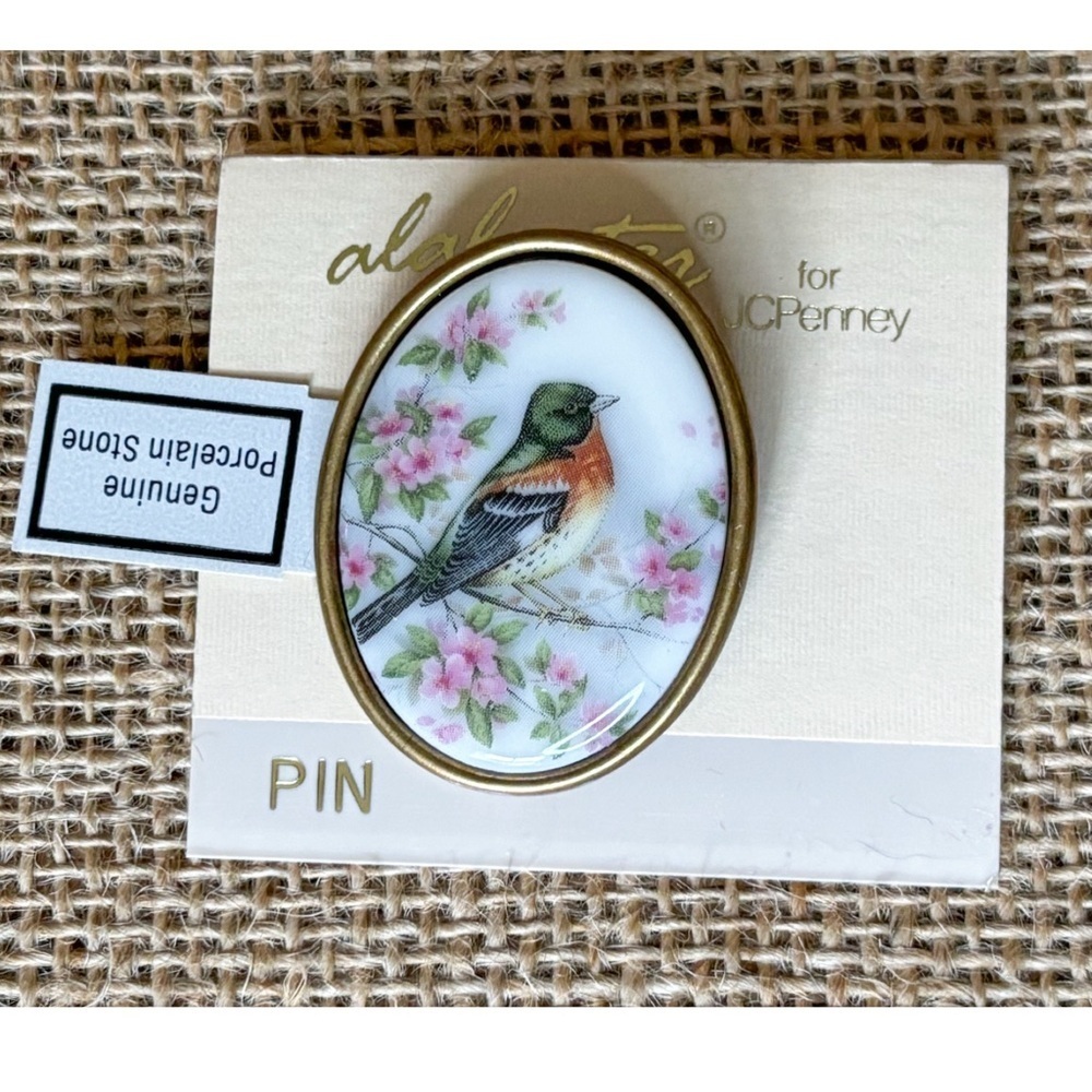 Vintage Alabaster By JCPenney Robin Bird Brooch Floral Porcelain NOS Nature